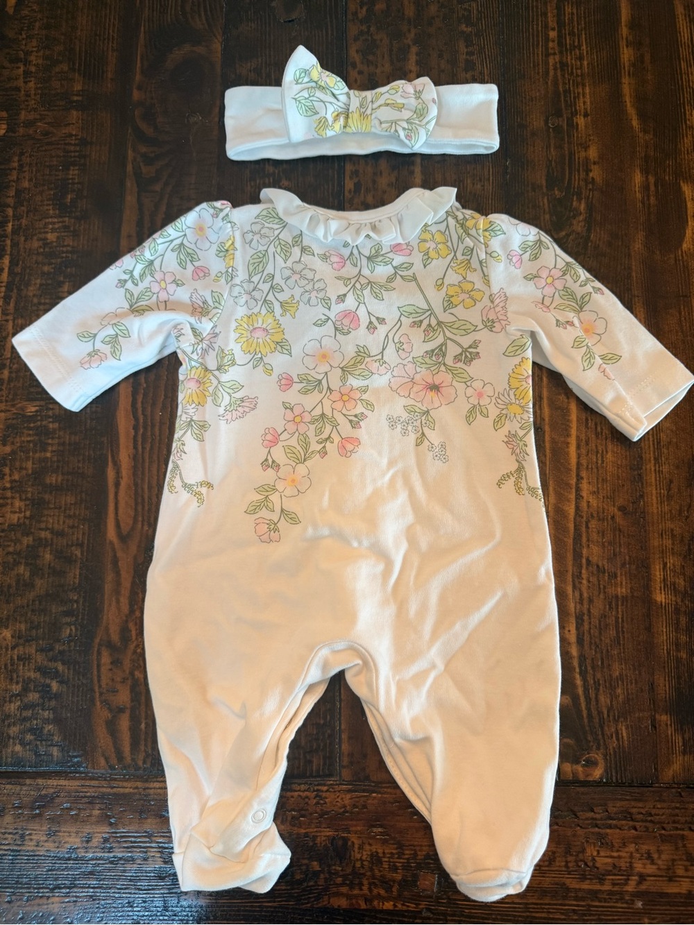 Little Me White Floral Footed One-Piece with Matching Headband - Picture 2 of 3